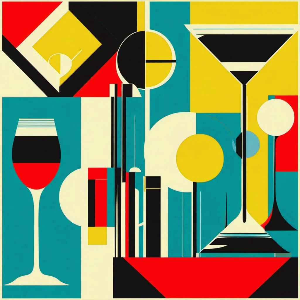 a mid-century-modern impressionist painting of cocktails in various stemmed glasses with stylized garnishes and spheres