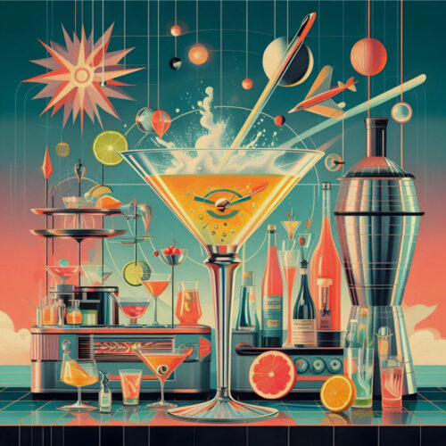 A vibrant painting of a mid century modern atomic era bar setup