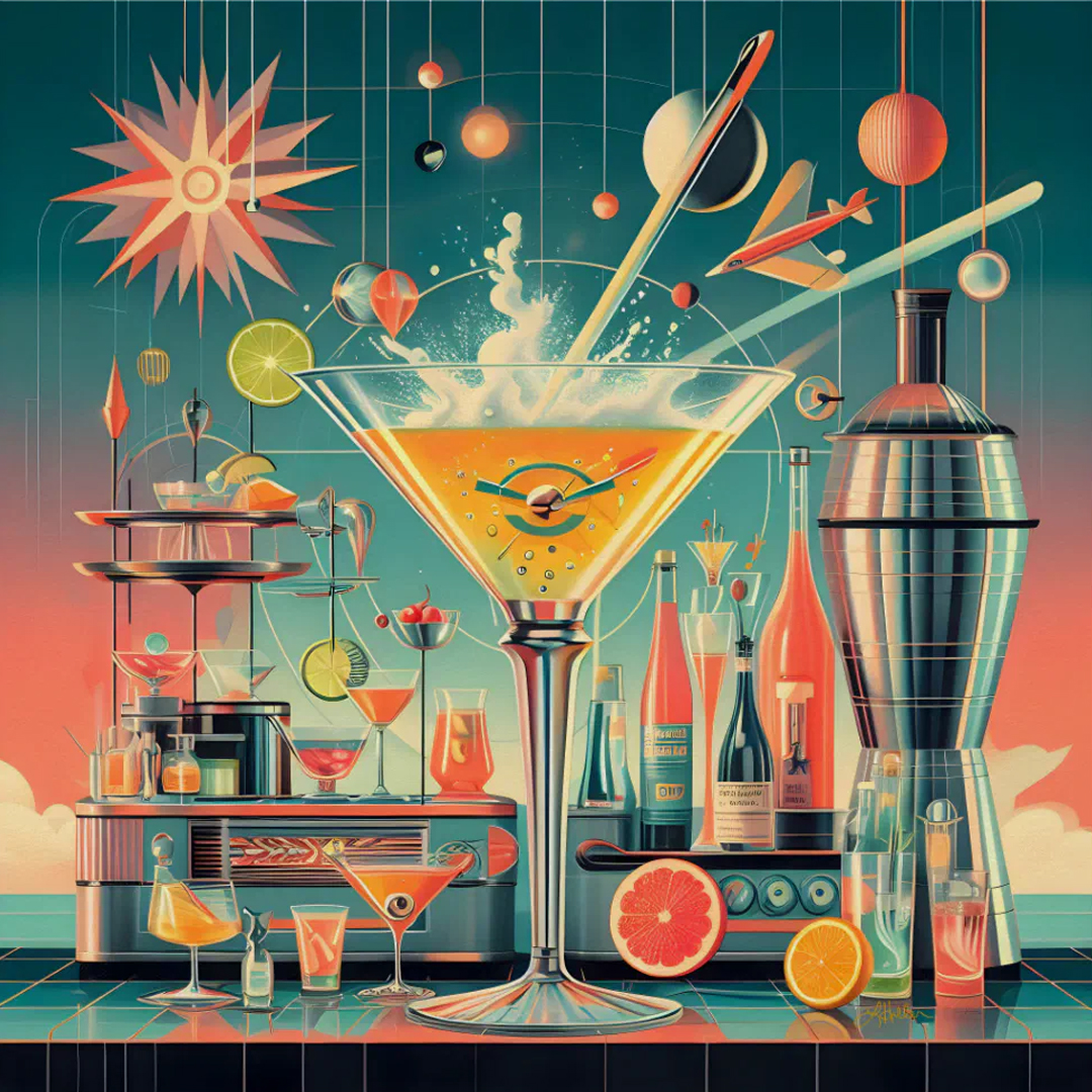 A vibrant painting of a mid century modern atomic era bar setup