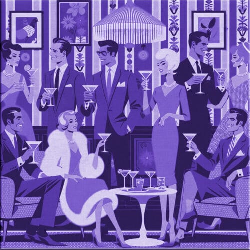 A blue hued painting of a mid-centruy-modern coctail party of well dressed hip people