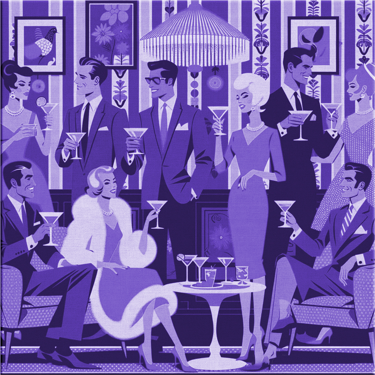 A blue hued painting of a mid-centruy-modern coctail party of well dressed hip people